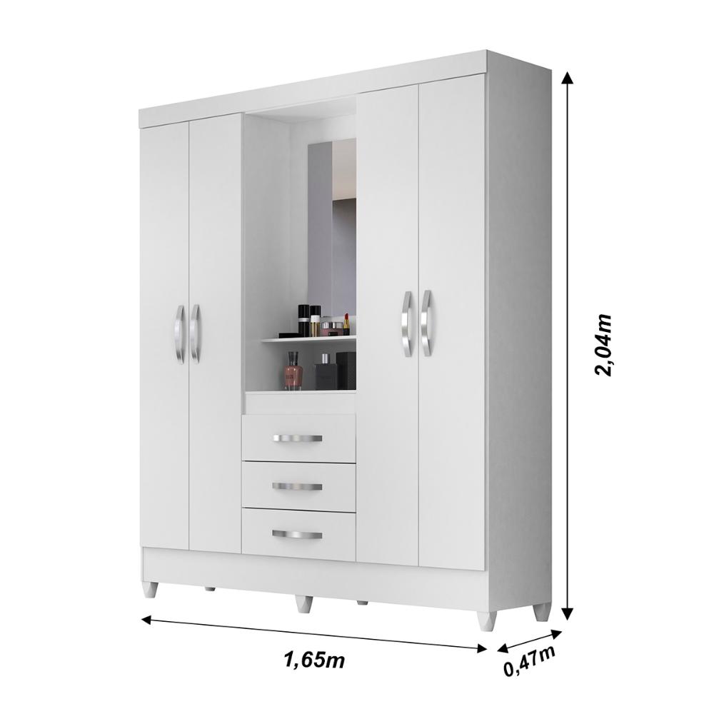 Guarda Roupa Casal 4 portas com espelho 3 gavetas Capri - Branco / Rosa