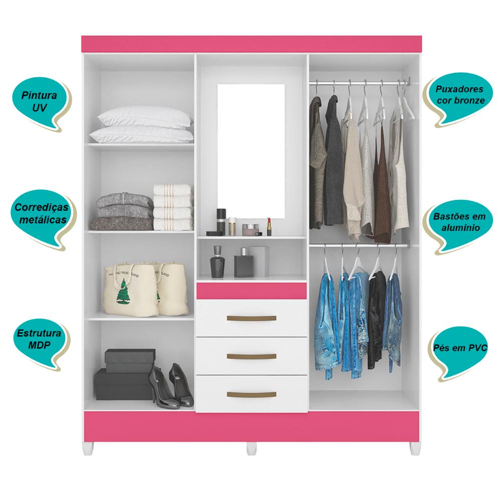 Guarda Roupa Casal 4 portas com espelho 3 gavetas Capri - Branco / Rosa