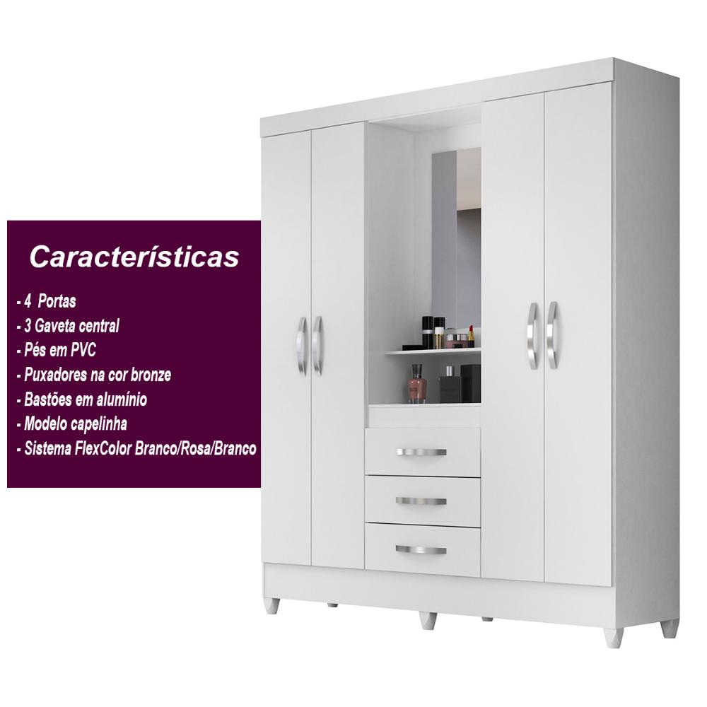 Guarda Roupa Casal 4 portas com espelho 3 gavetas Capri - Branco / Rosa