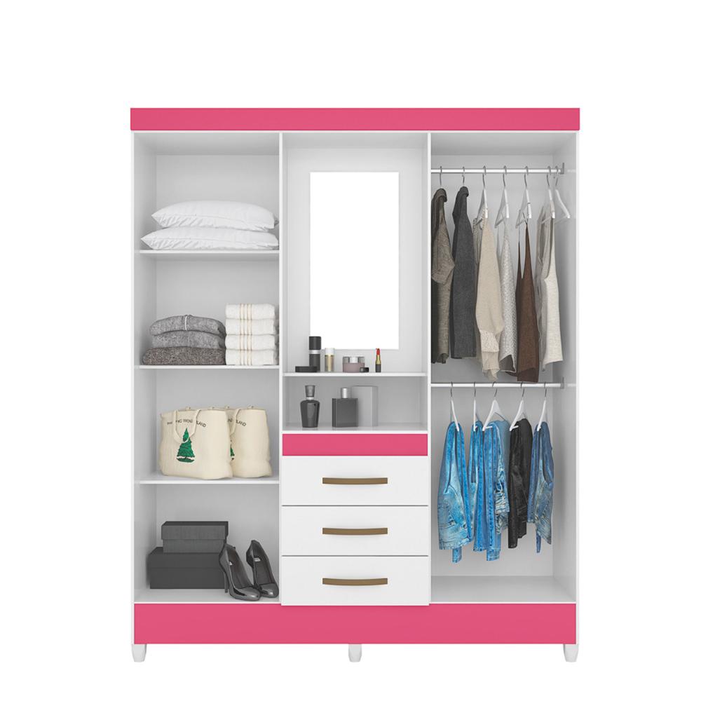 Guarda Roupa Casal 4 portas com espelho 3 gavetas Capri - Branco / Rosa