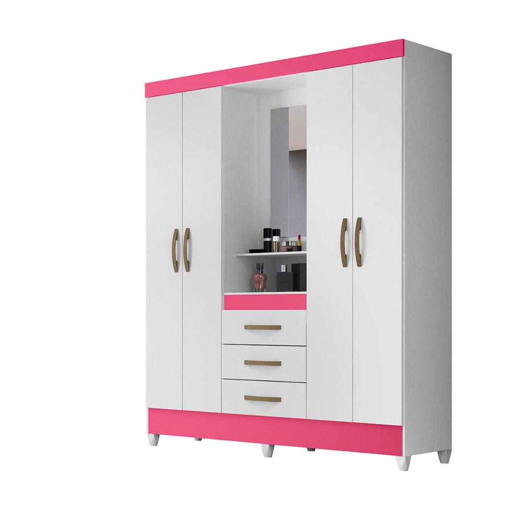 Guarda Roupa Casal 4 portas com espelho 3 gavetas Capri - Branco / Rosa