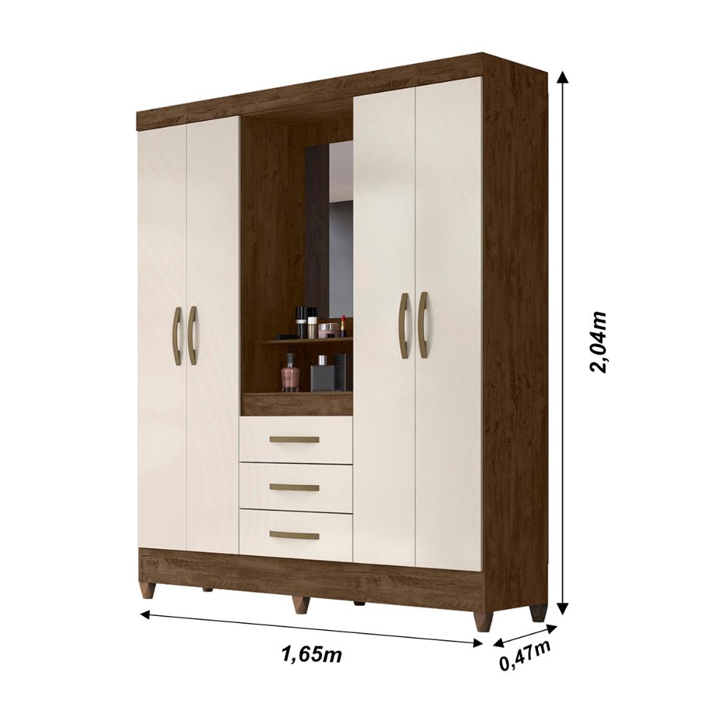 Guarda Roupa Casal 4 portas com espelho 3 gavetas Capri - Castanho Wood / Baunilha