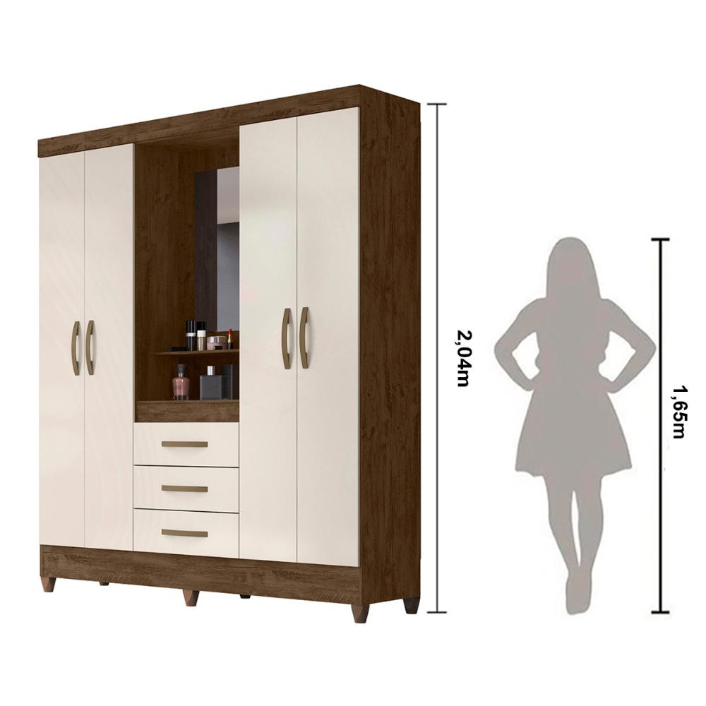 Guarda Roupa Casal 4 portas com espelho 3 gavetas Capri - Castanho Wood / Baunilha