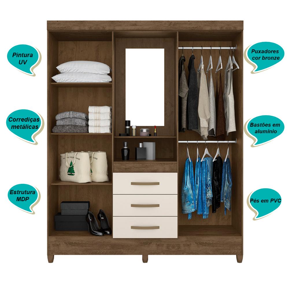Guarda Roupa Casal 4 portas com espelho 3 gavetas Capri - Castanho Wood / Baunilha