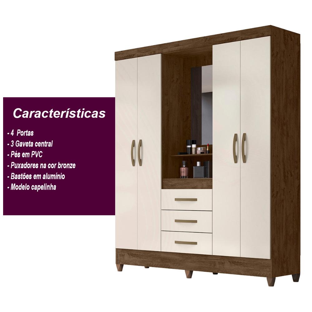 Guarda Roupa Casal 4 portas com espelho 3 gavetas Capri - Castanho Wood / Baunilha