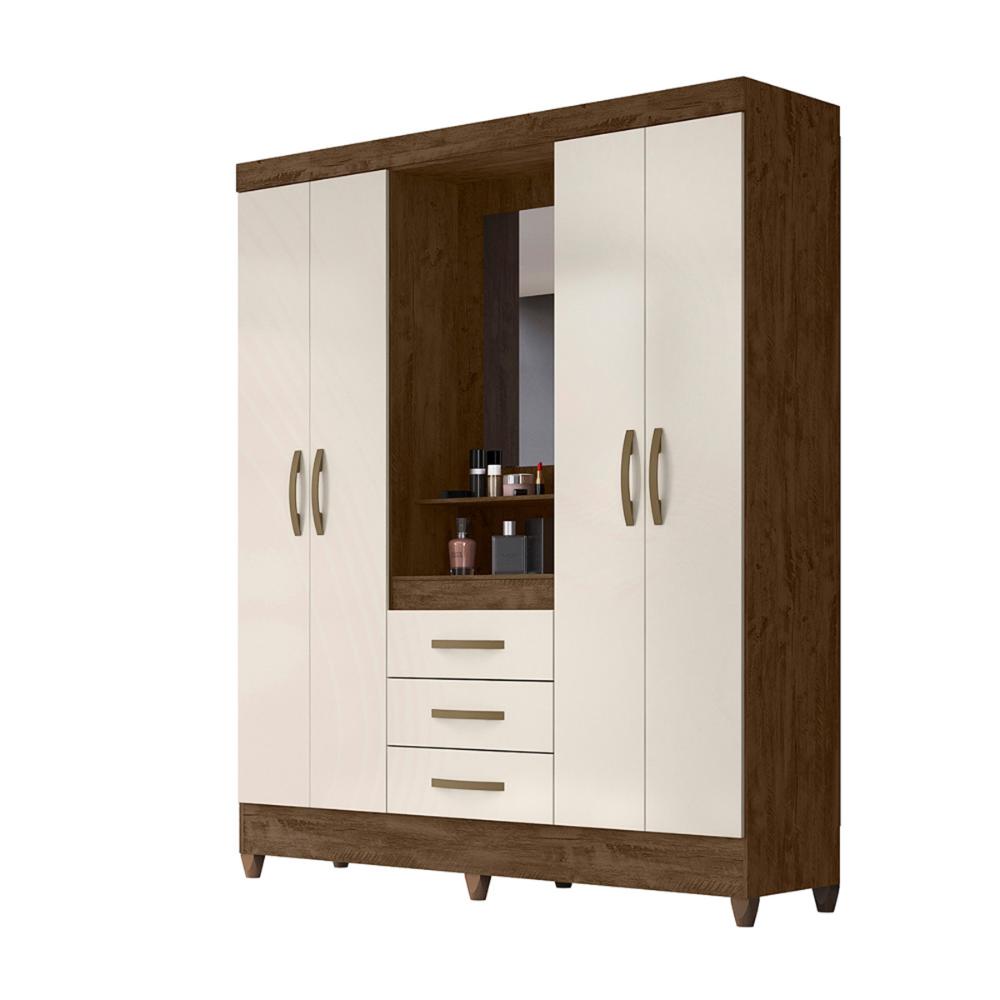 Guarda Roupa Casal 4 portas com espelho 3 gavetas Capri - Castanho Wood / Baunilha