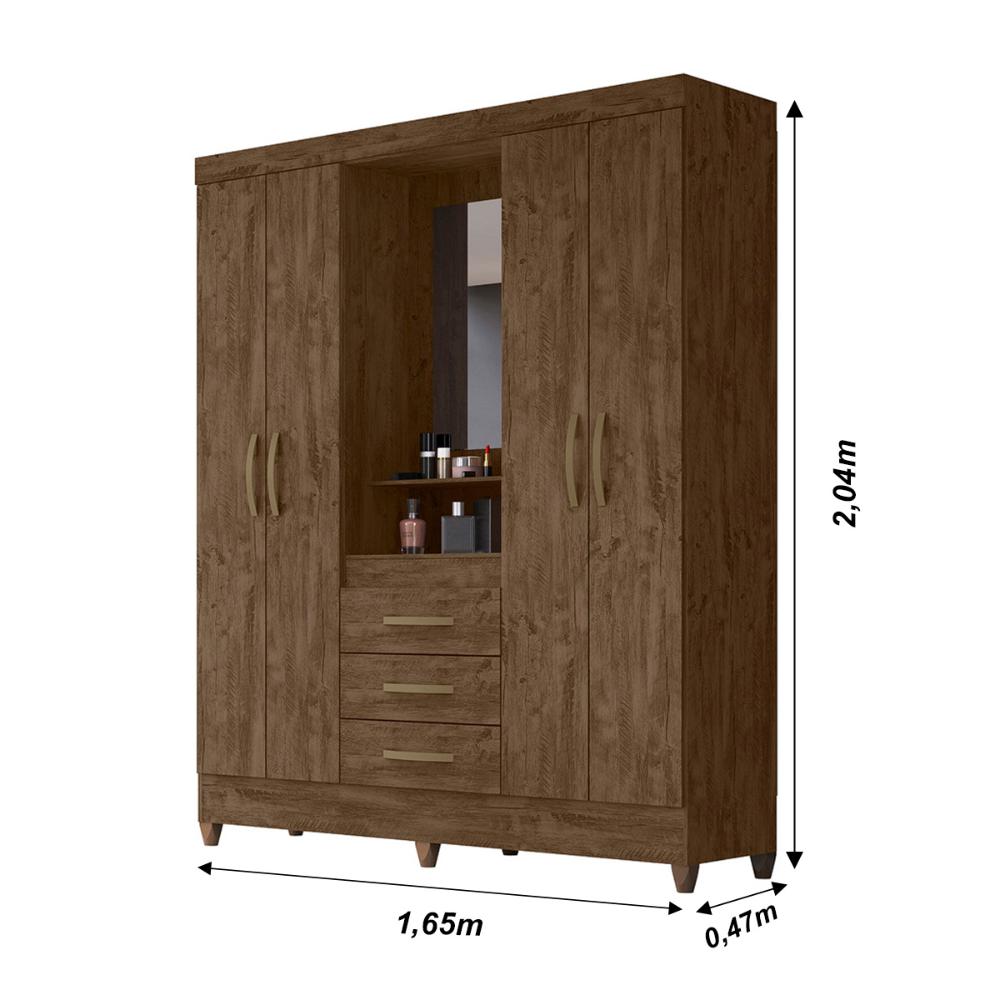 Guarda Roupa Casal 4 portas com espelho 3 gavetas Capri - Castanho Wood