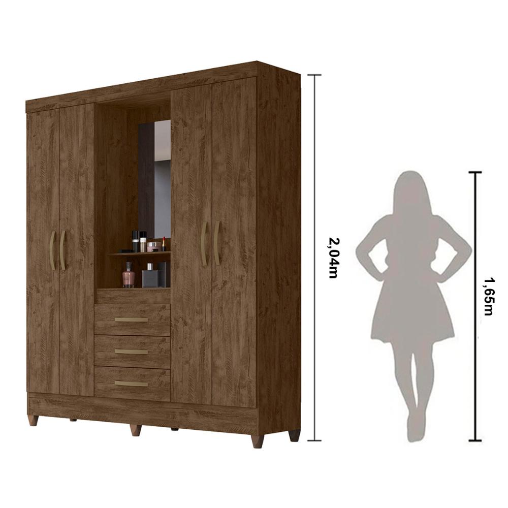 Guarda Roupa Casal 4 portas com espelho 3 gavetas Capri - Castanho Wood