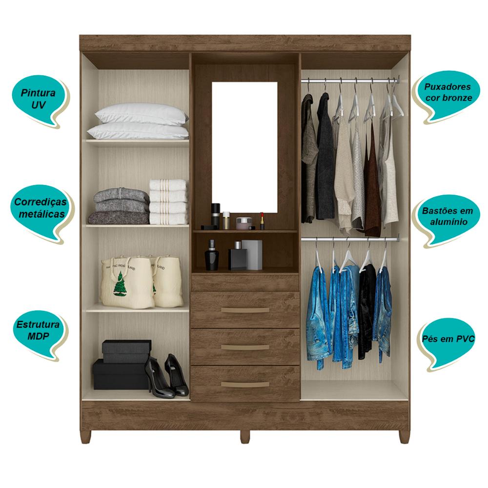 Guarda Roupa Casal 4 portas com espelho 3 gavetas Capri - Castanho Wood