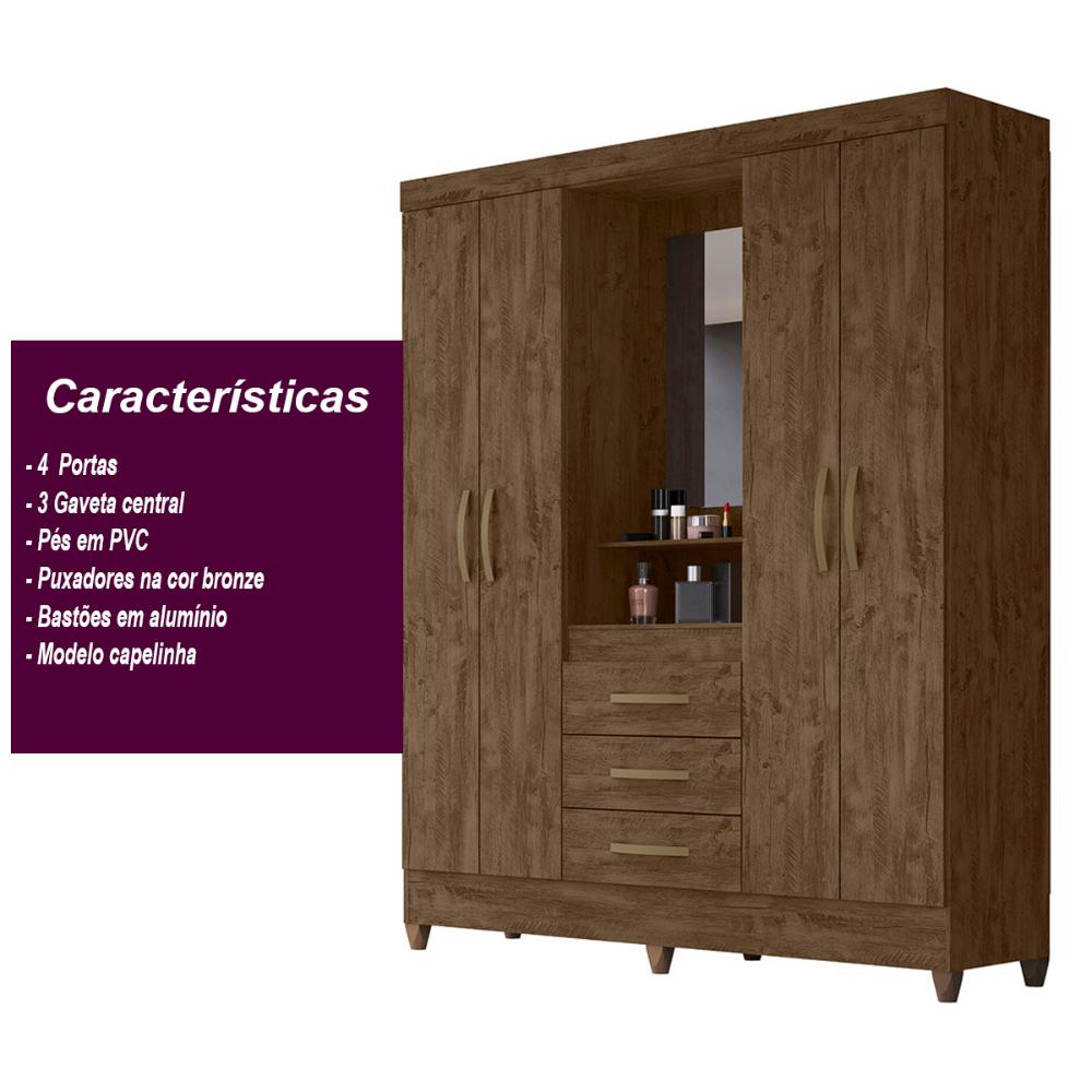 Guarda Roupa Casal 4 portas com espelho 3 gavetas Capri - Castanho Wood
