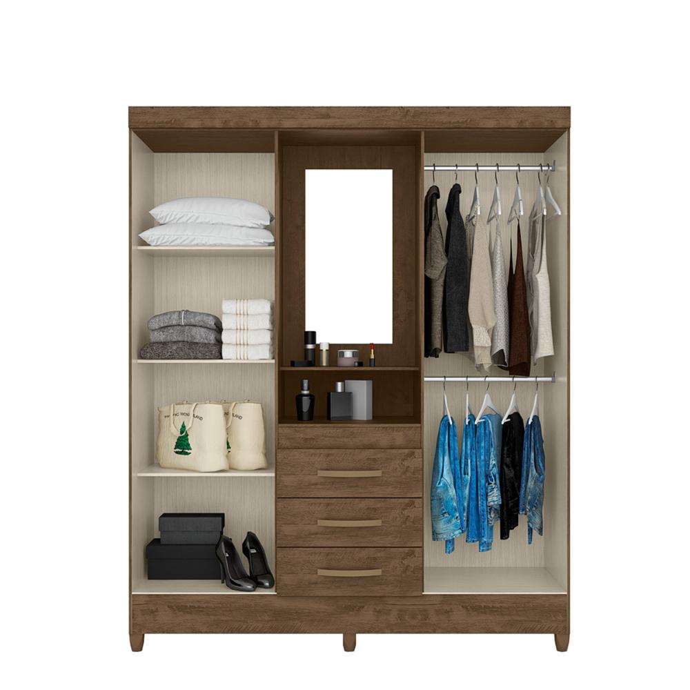 Guarda Roupa Casal 4 portas com espelho 3 gavetas Capri - Castanho Wood