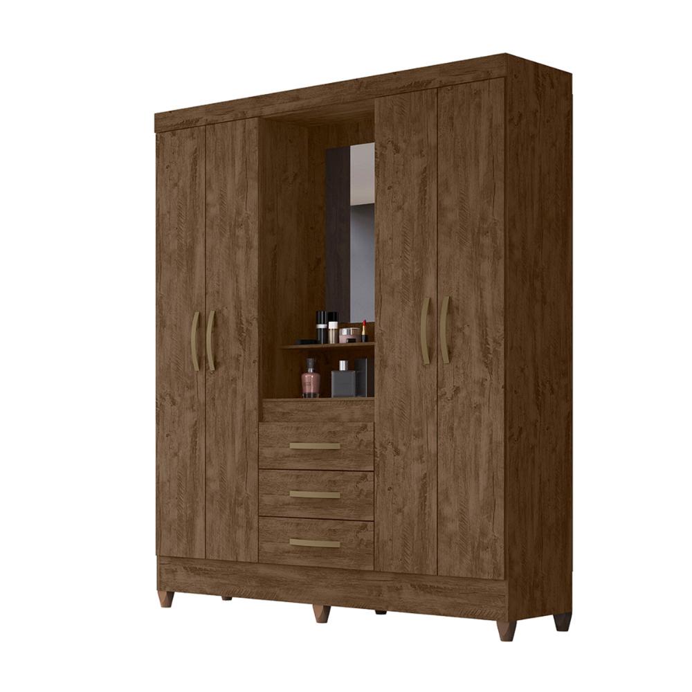Guarda Roupa Casal 4 portas com espelho 3 gavetas Capri - Castanho Wood