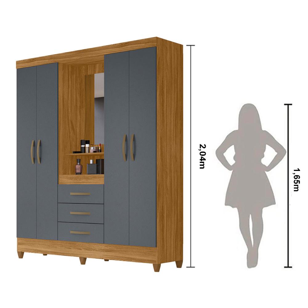 Guarda Roupa Casal 4 portas com espelho 3 gavetas Capri - Freijo / Cinza