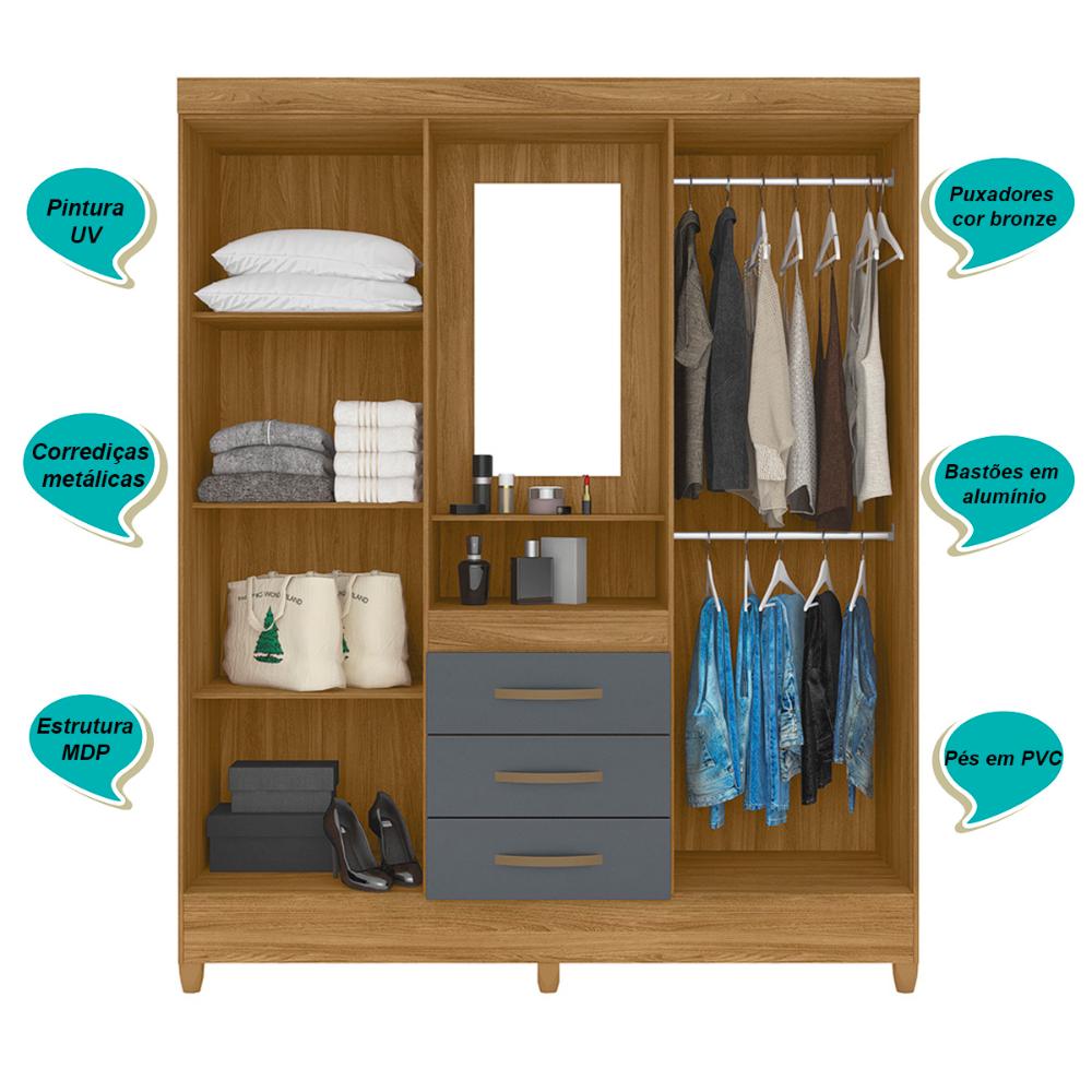 Guarda Roupa Casal 4 portas com espelho 3 gavetas Capri - Freijo / Cinza