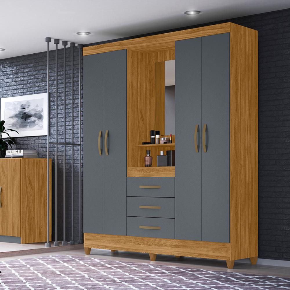 Guarda Roupa Casal 4 portas com espelho 3 gavetas Freijo / Cinza Capri - Moval