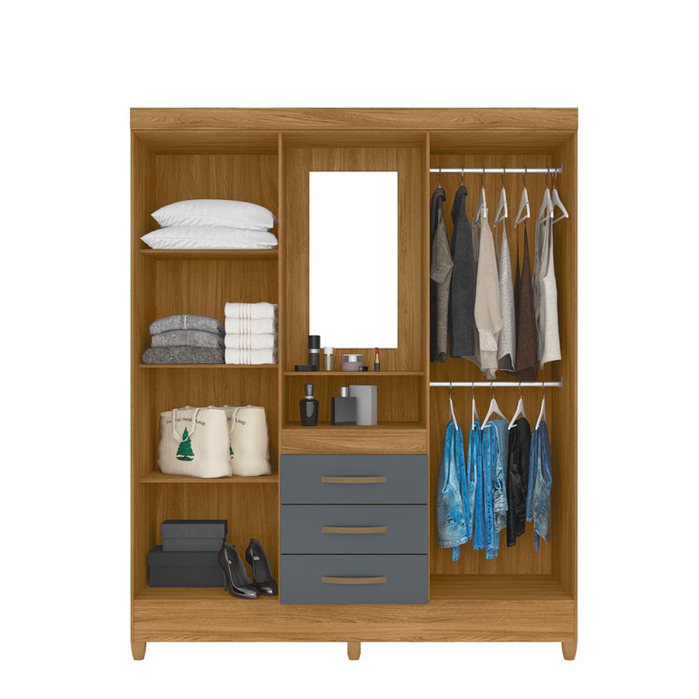 Guarda Roupa Casal 4 portas com espelho 3 gavetas Freijo / Cinza Capri - Moval