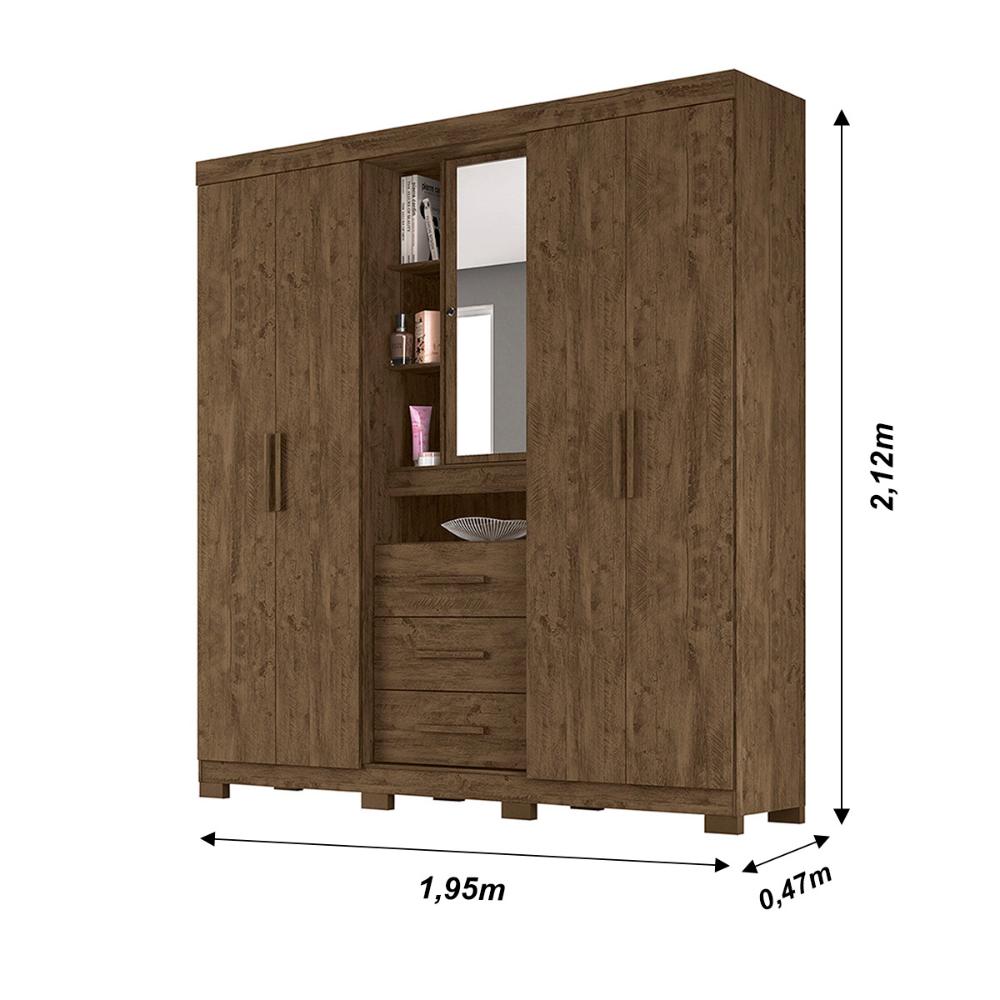 Guarda Roupa Casal 4 portas com espelho e 3 gavetas Eldorado - Castanho Wood