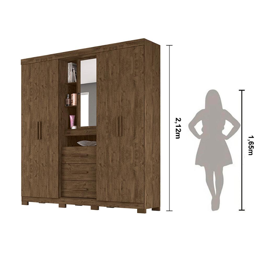 Guarda Roupa Casal 4 portas com espelho e 3 gavetas Eldorado - Castanho Wood