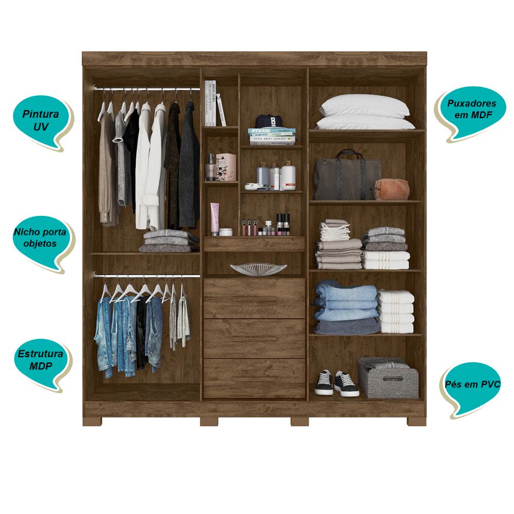 Guarda Roupa Casal 4 portas com espelho e 3 gavetas Eldorado - Castanho Wood