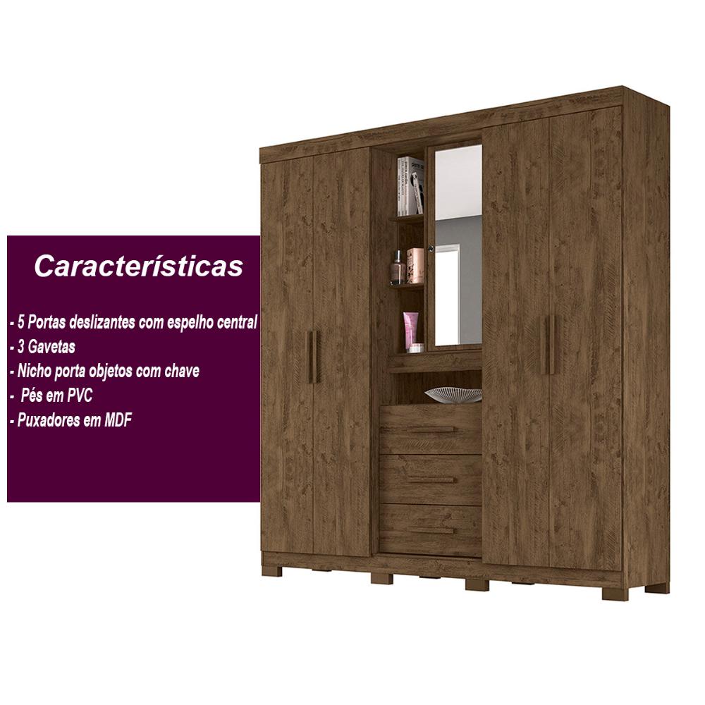 Guarda Roupa Casal 4 portas com espelho e 3 gavetas Eldorado - Castanho Wood