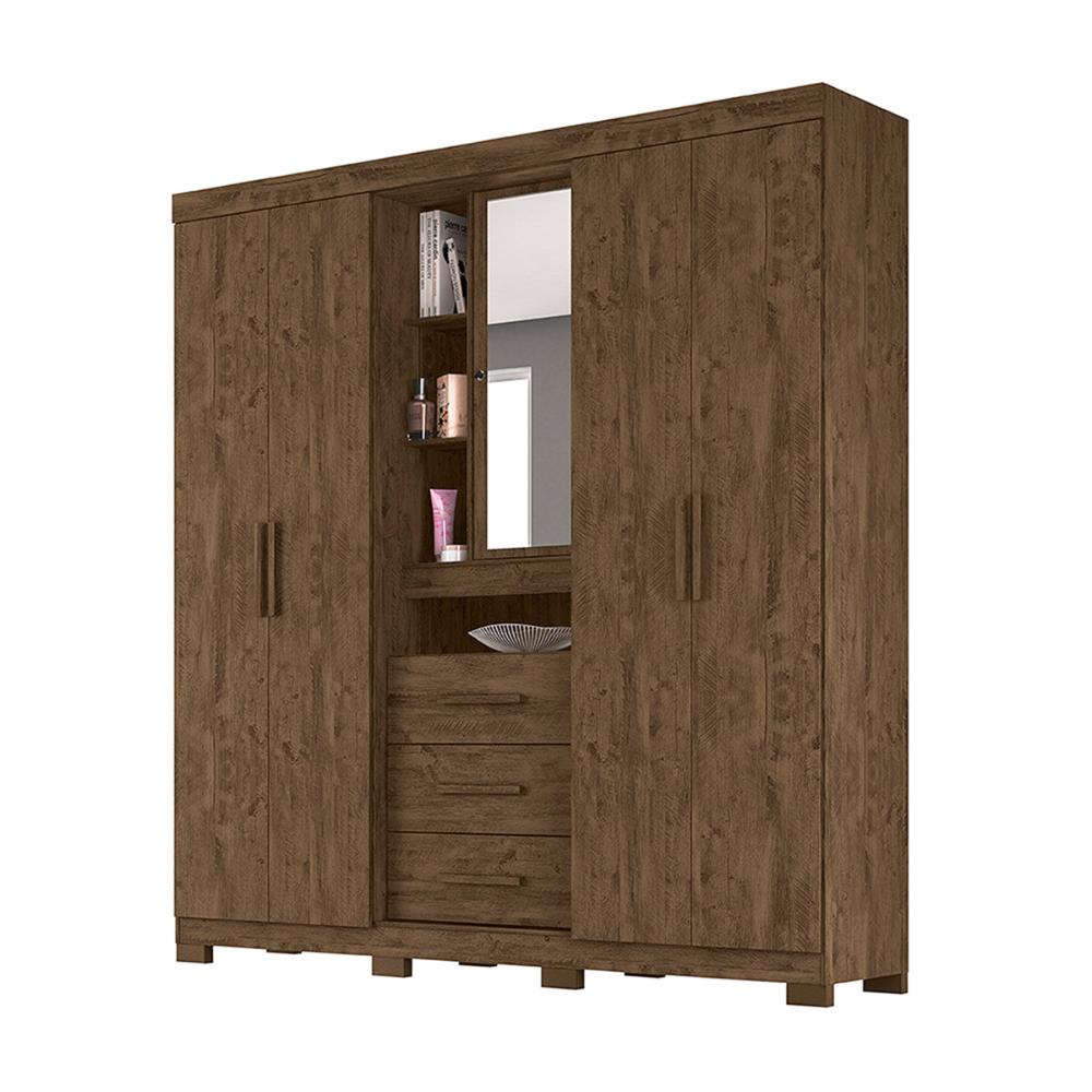 Guarda Roupa Casal 4 portas com espelho e 3 gavetas Eldorado - Castanho Wood