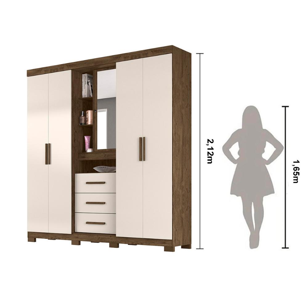 Guarda Roupa Casal 4 portas com espelho e 3 gavetas Eldorado - Castanho Wood / Baunilha