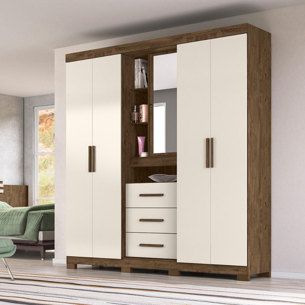 Guarda Roupa Casal 4 portas com espelho e 3 gavetas Eldorado - Castanho Wood / Baunilha