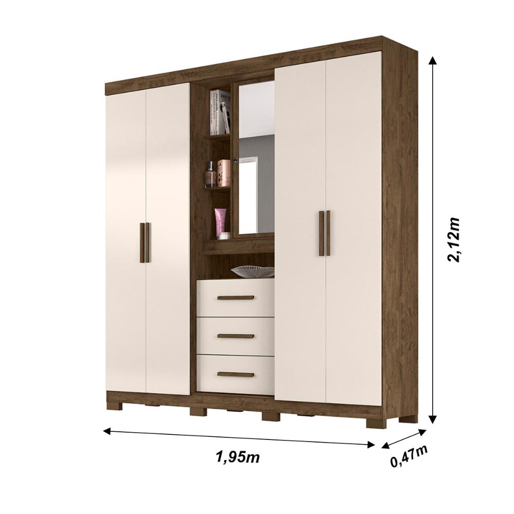 Guarda Roupa Casal 4 portas com espelho e 3 gavetas Eldorado - Castanho Wood / Baunilha
