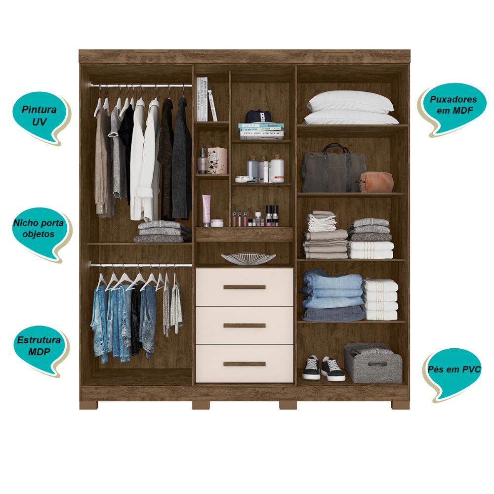 Guarda Roupa Casal 4 portas com espelho e 3 gavetas Eldorado - Castanho Wood / Baunilha