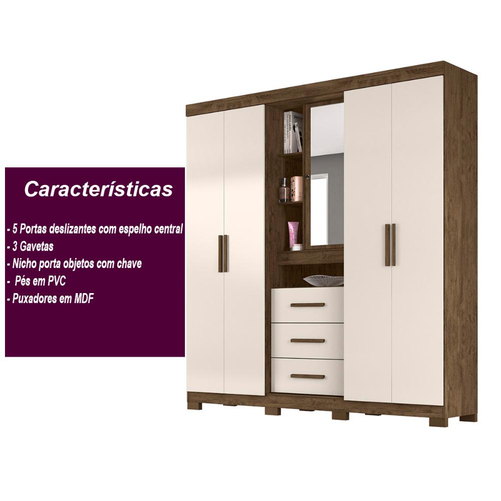 Guarda Roupa Casal 4 portas com espelho e 3 gavetas Eldorado - Castanho Wood / Baunilha