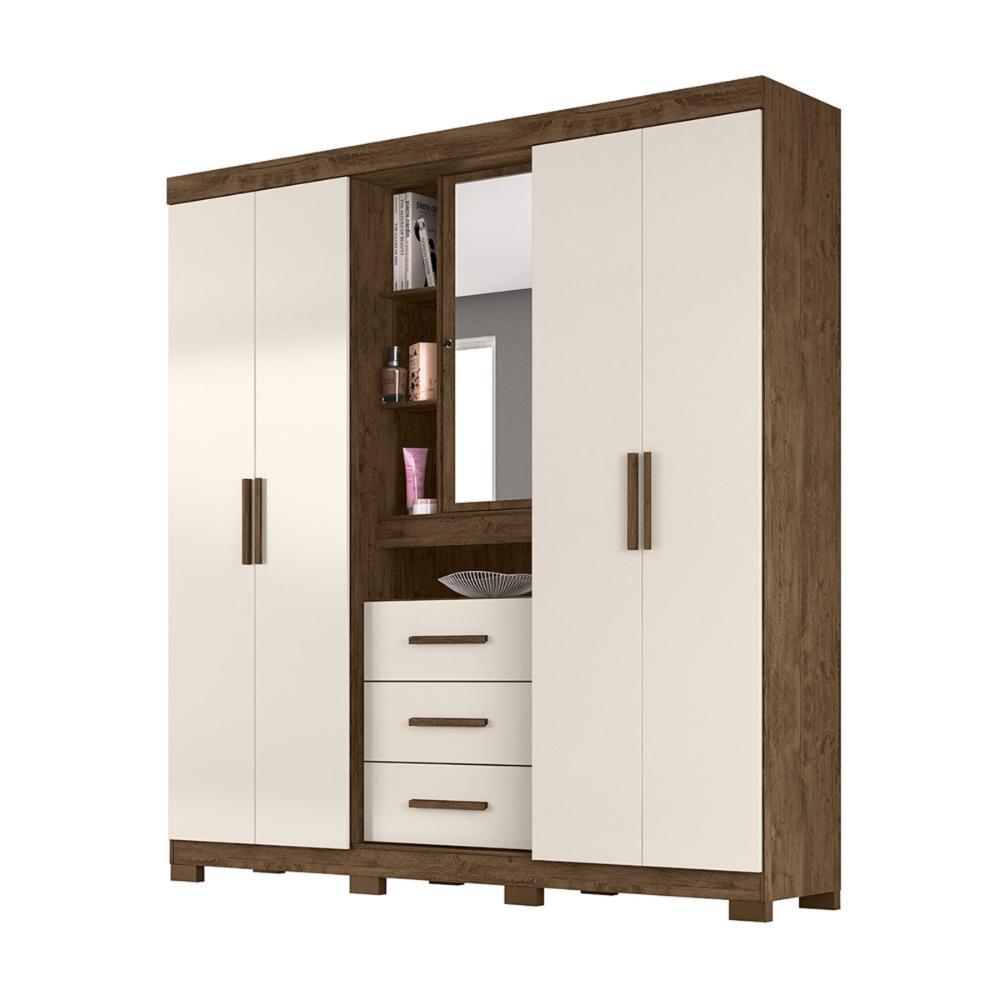 Guarda Roupa Casal 4 portas com espelho e 3 gavetas Eldorado - Castanho Wood / Baunilha
