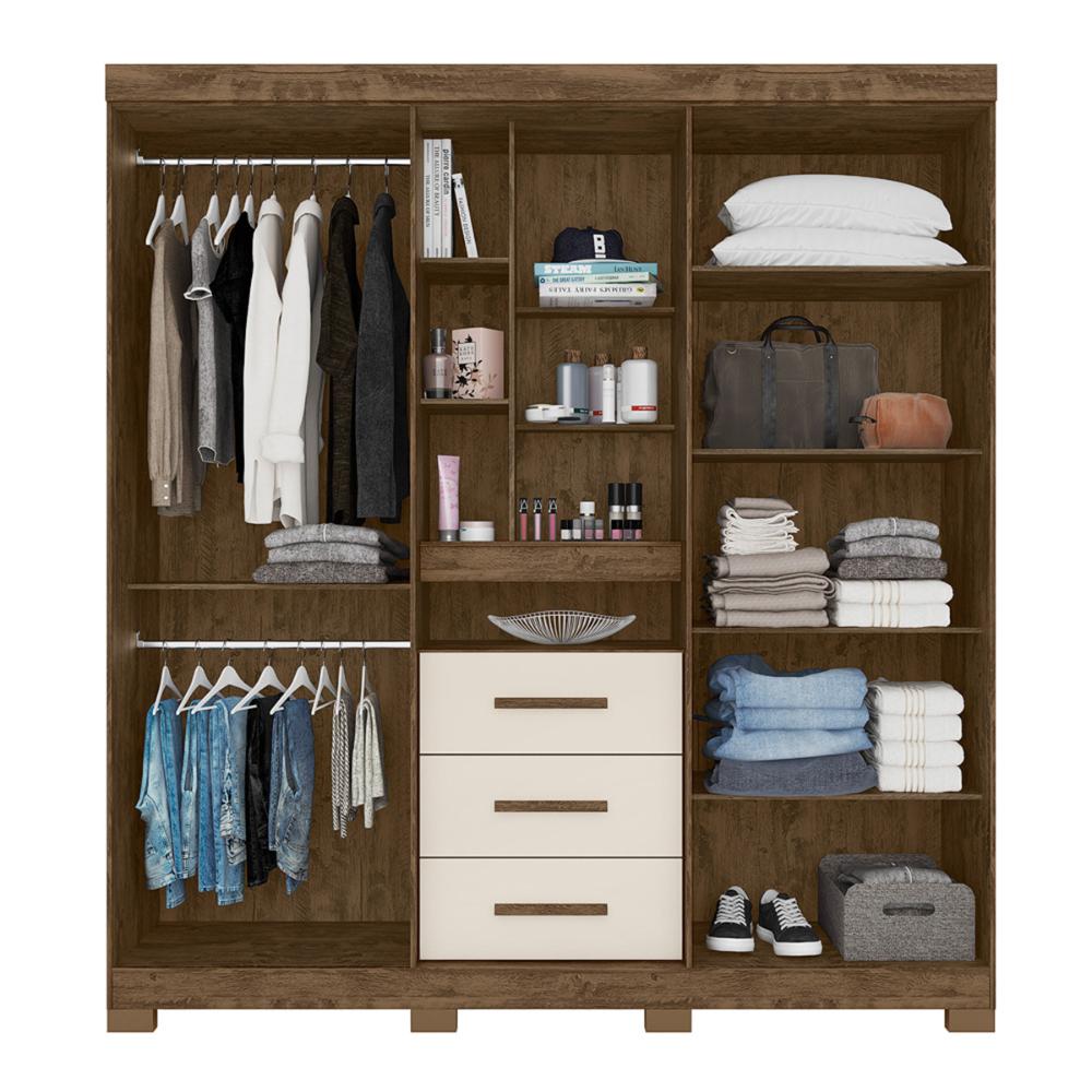 Guarda Roupa Casal 4 portas com espelho e 3 gavetas Eldorado - Castanho Wood / Baunilha