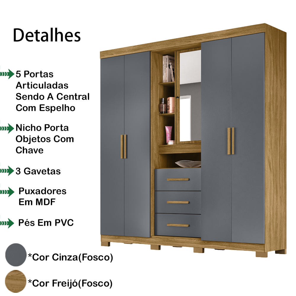 Guarda Roupa Casal 5 Portas 9070 Freijo Cinza Moval