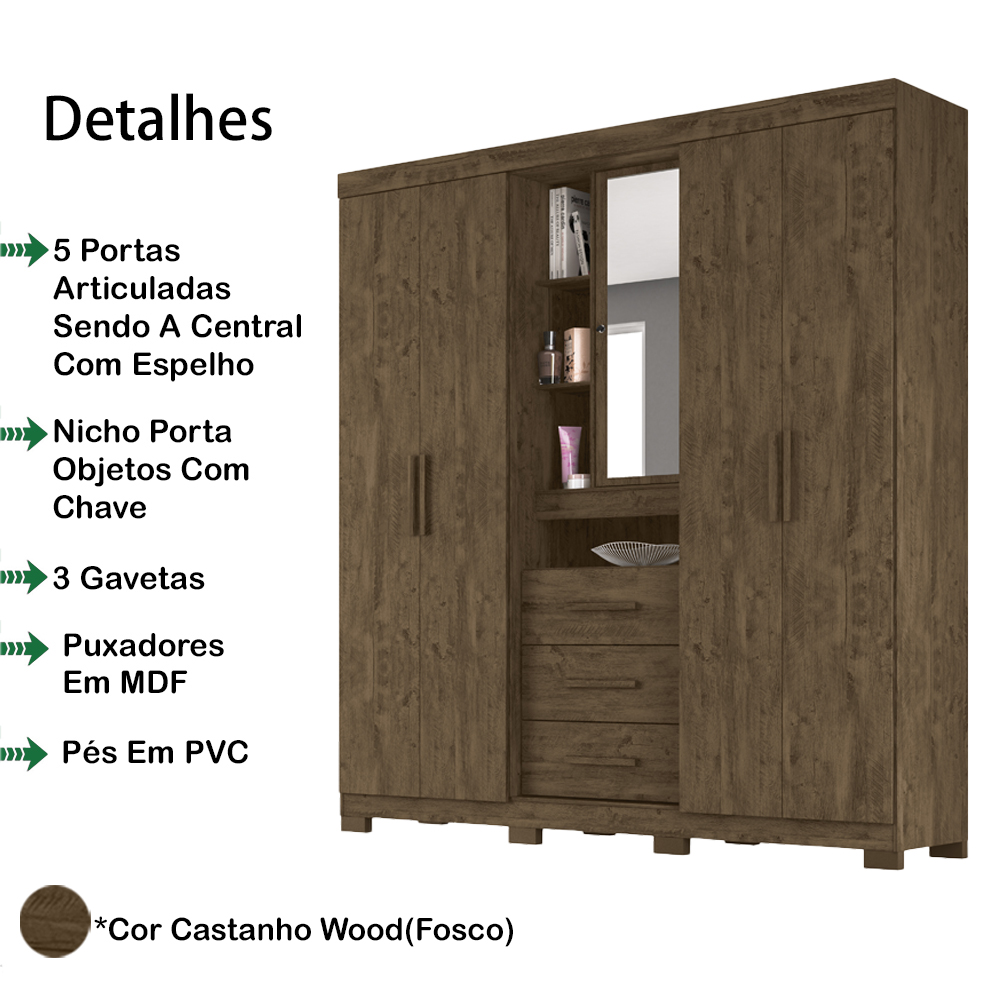 Guarda Roupa Casal 5 Portas 9073 Castanho Wood Moval