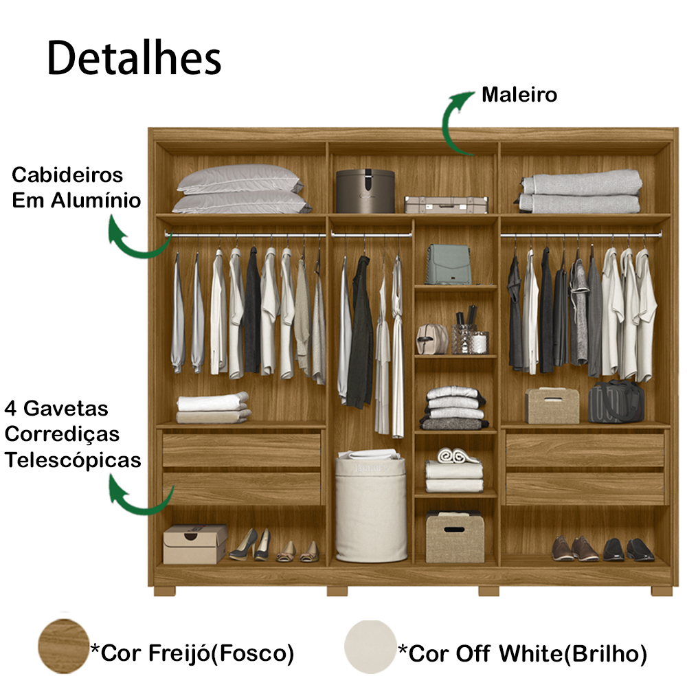 Guarda Roupa Casal 6 Portas 4 Gav 0340 Freijo Off White Moval