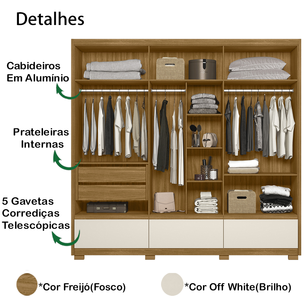 Guarda Roupa Casal 6 Portas 5 Gav 0330 Freijo Off White Moval