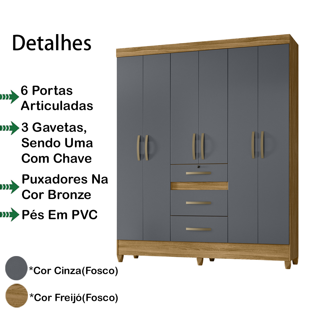 Guarda Roupa Casal 6 Portas 8680 Freijo Cinza Moval