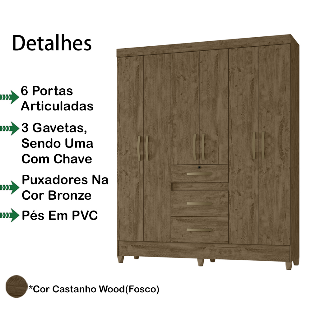 Guarda Roupa Casal 6 Portas 8683 Castanho Wood Moval
