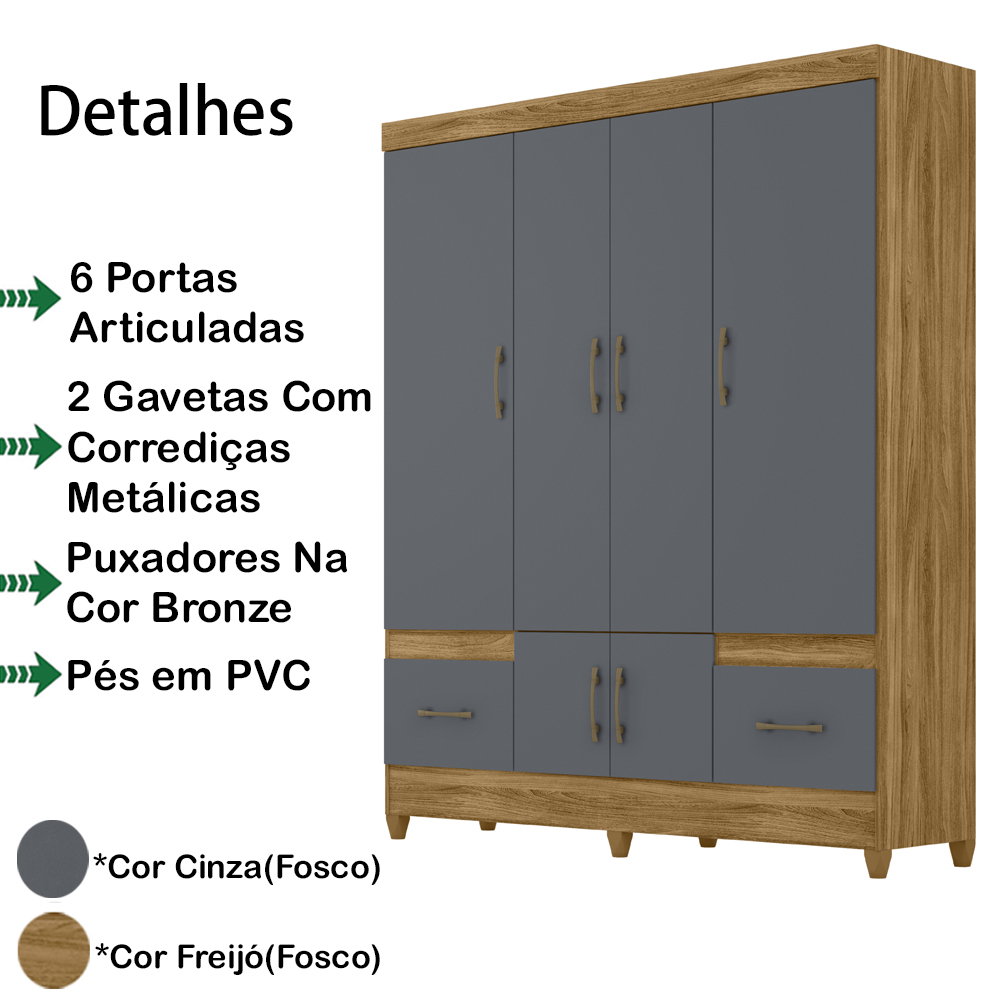 Guarda Roupa Casal 6 Portas 9120 Freijo Cinza Moval
