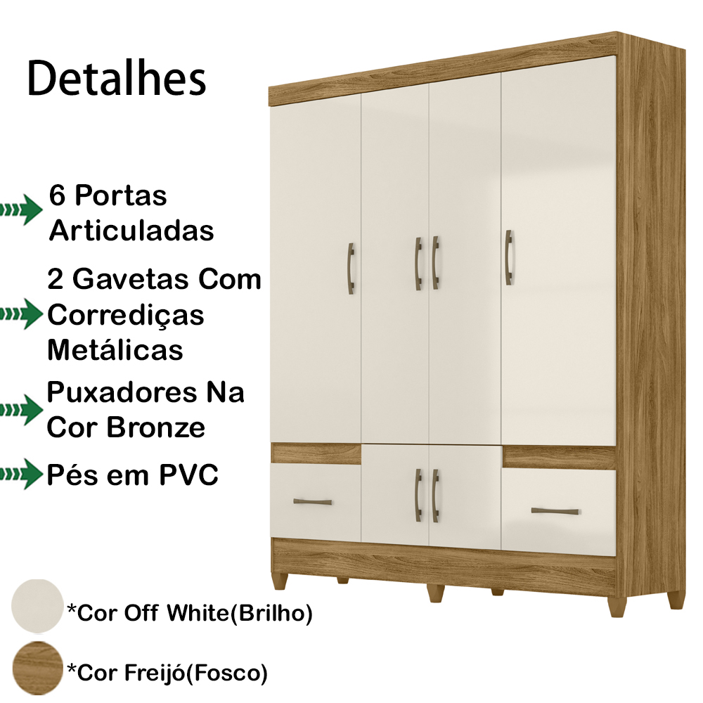 Guarda Roupa Casal 6 Portas 9120 Freijo Off White Moval