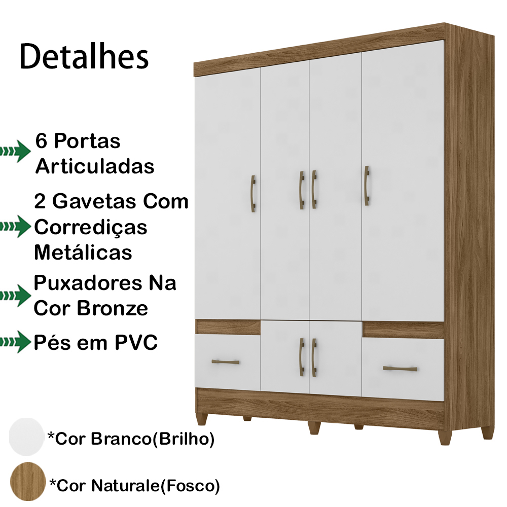 Guarda Roupa Casal 6 Portas 9120 Naturale Branco Moval