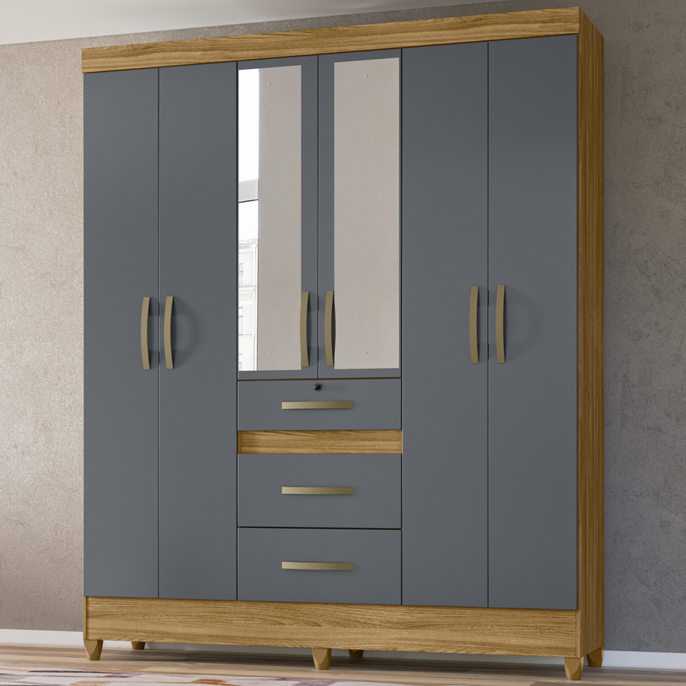 Guarda Roupa Casal 6 Portas Com Espelho 8680 Freijo Cinza Moval