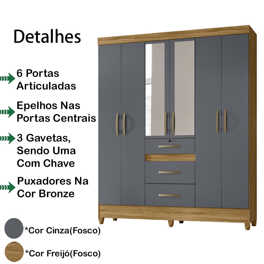 Guarda Roupa Casal 6 Portas Com Espelho 8680 Freijo Cinza Moval