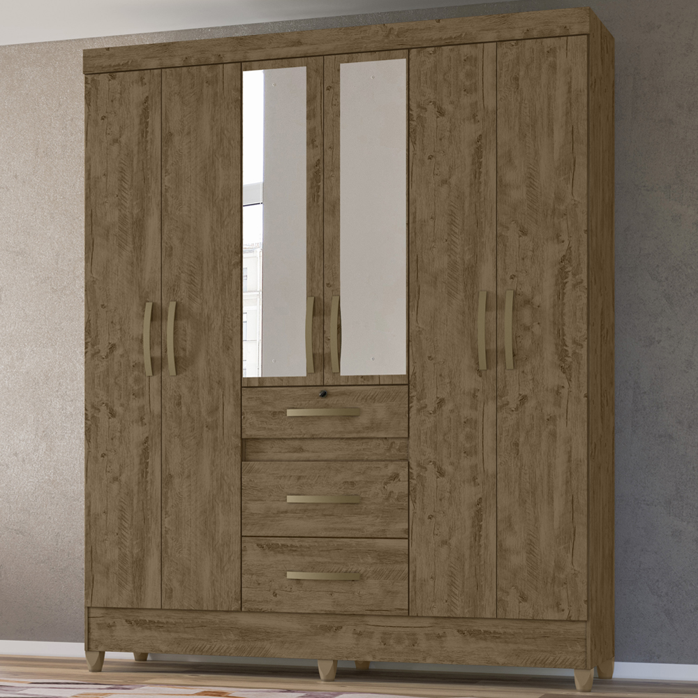 Guarda Roupa Casal 6 Portas Com Espelho 8683 Castanho Wood Moval