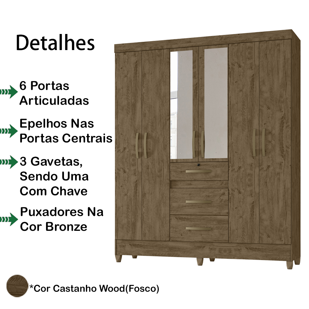 Guarda Roupa Casal 6 Portas Com Espelho 8683 Castanho Wood Moval