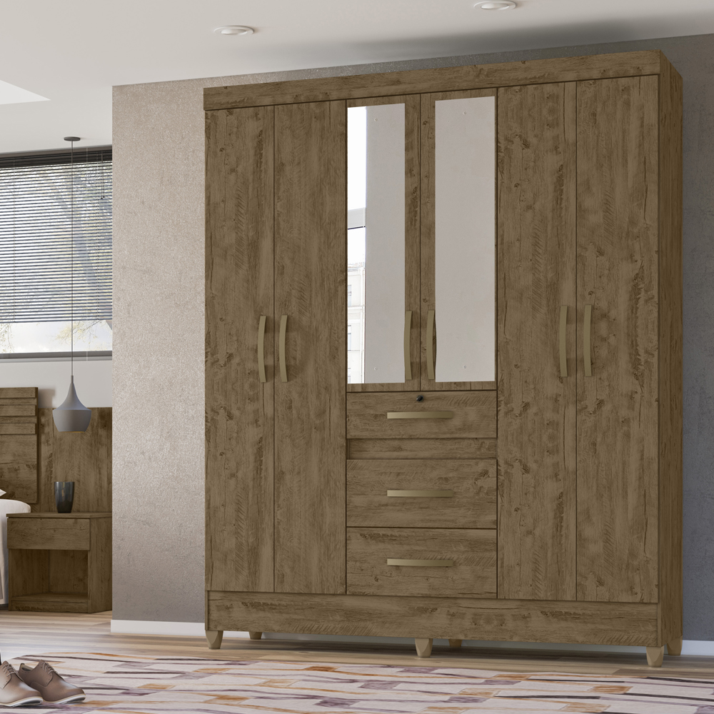 Guarda Roupa Casal 6 Portas Com Espelho 8683 Castanho Wood Moval