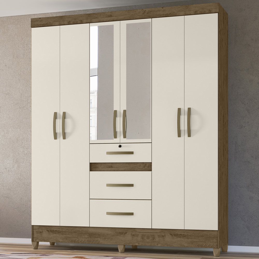Guarda Roupa Casal 6 Portas Com Espelho 8683 Castanho Wood Off White Moval