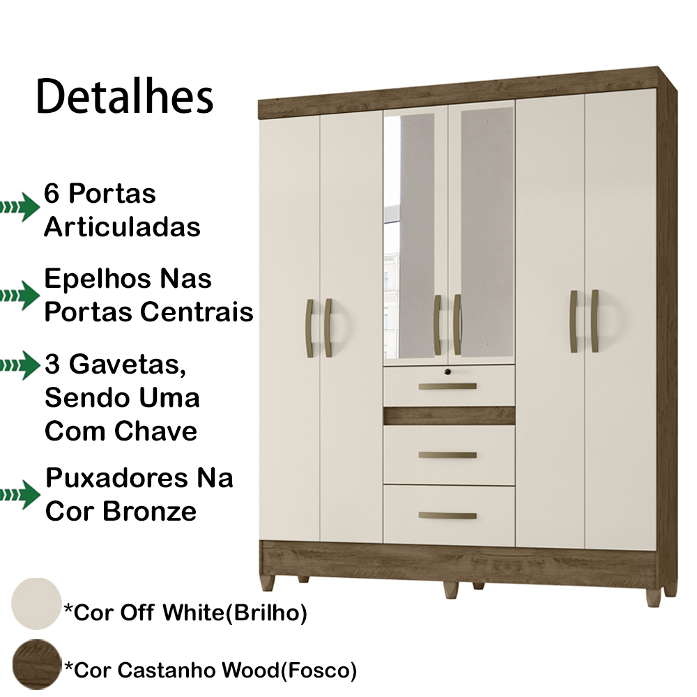 Guarda Roupa Casal 6 Portas Com Espelho 8683 Castanho Wood Off White Moval