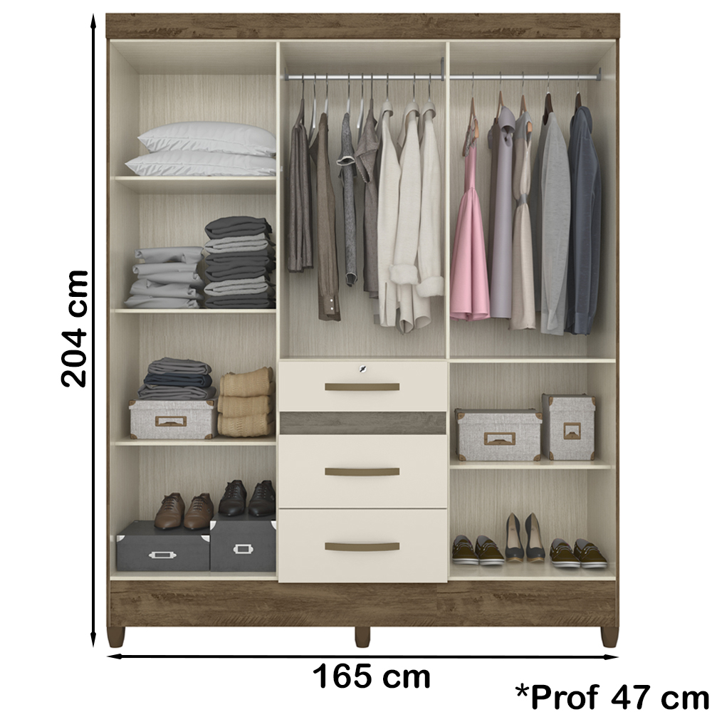 Guarda Roupa Casal 6 Portas Com Espelho 8683 Castanho Wood Off White Moval