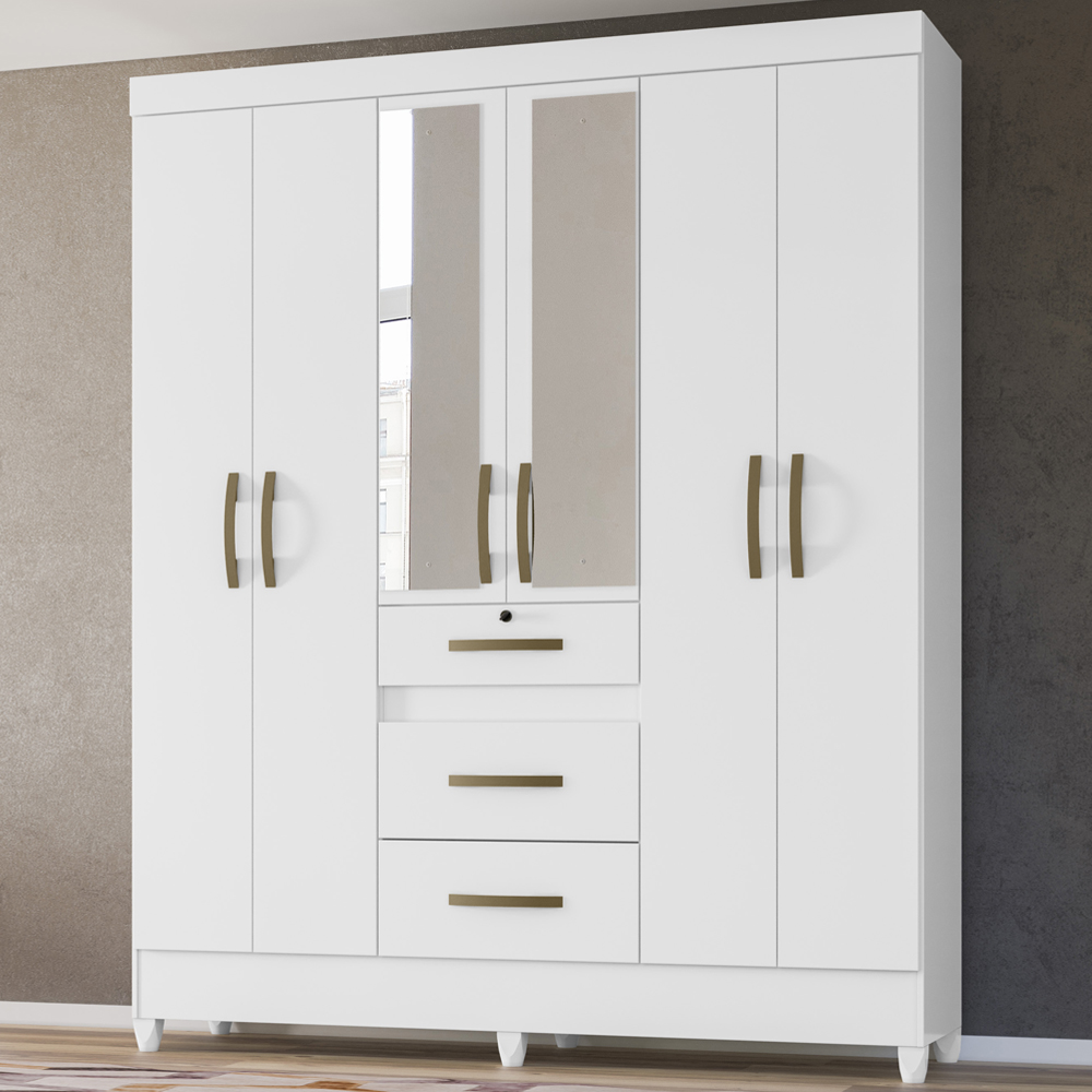 Guarda Roupa Casal 6 Portas Com Espelho 8684 Branco Moval